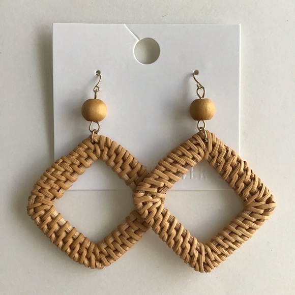 NEW Forever 21 Woven Rattan Earrings Wood Bead Light Triangle Dangle French Wire - Picture 7 of 14